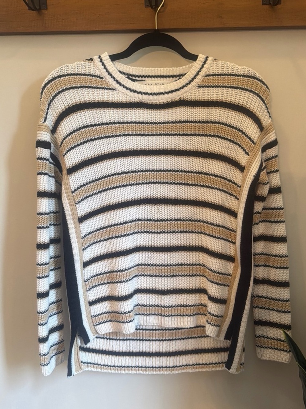 Max Studio Crewneck Sweater in White, Black & Tan Stripe